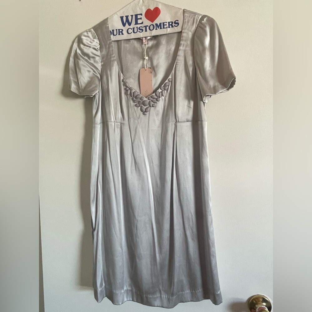 Rebecca Taylor Cap Sleeve Silver Silk Mini Dress w/ side zipper Size 6